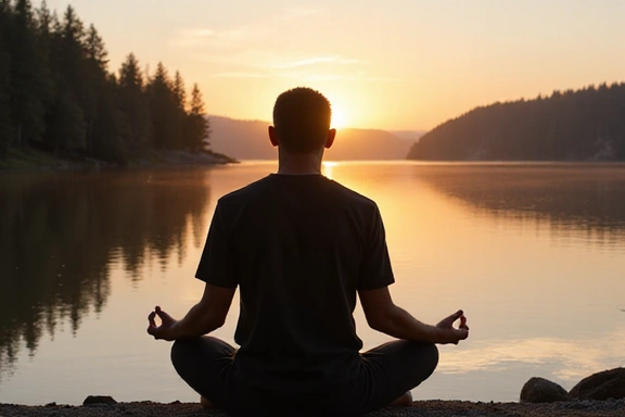 Hombre meditando en la naturaleza al amanecer